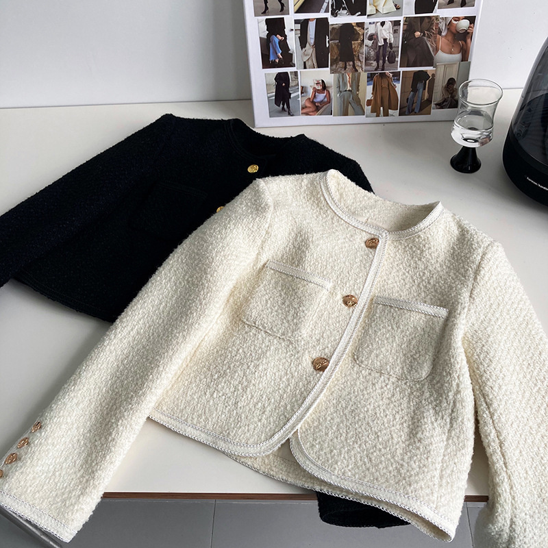 Women's Jackets 30% Wool Tweed Coat Black Beige Cropped Blazer Women Short Boucle Jackets 230901