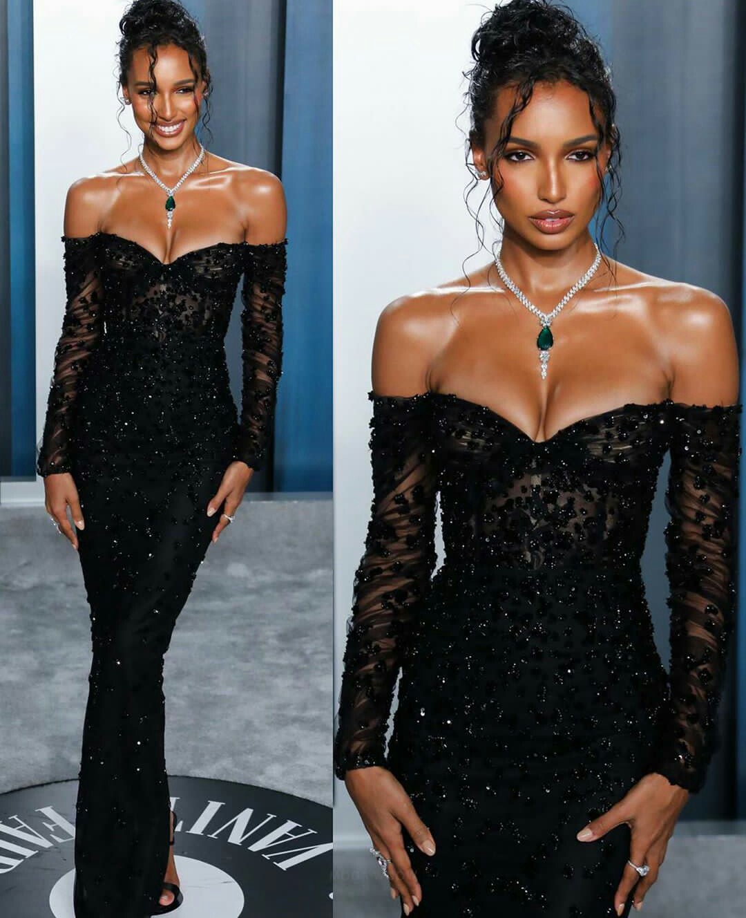 Sexy Illusion Black Sheath Evening Dresses Off Shoulder Long Sleeves Crystal Pearls Beaded Prom Gowns Appliques Formal Runway Fashion Party Special Oc