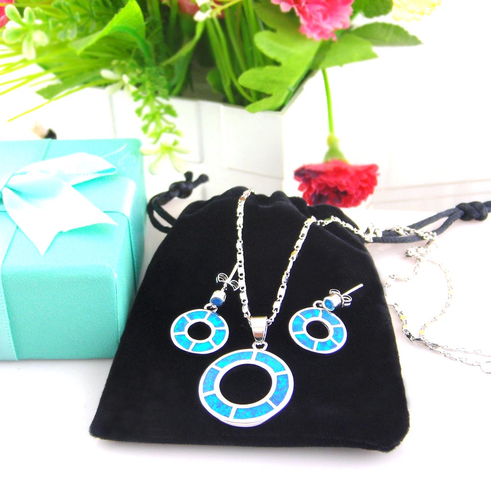 Newest Design Blue Opal jewelry Set Circle Jewelry Pendant and Hoops Earrings for Women