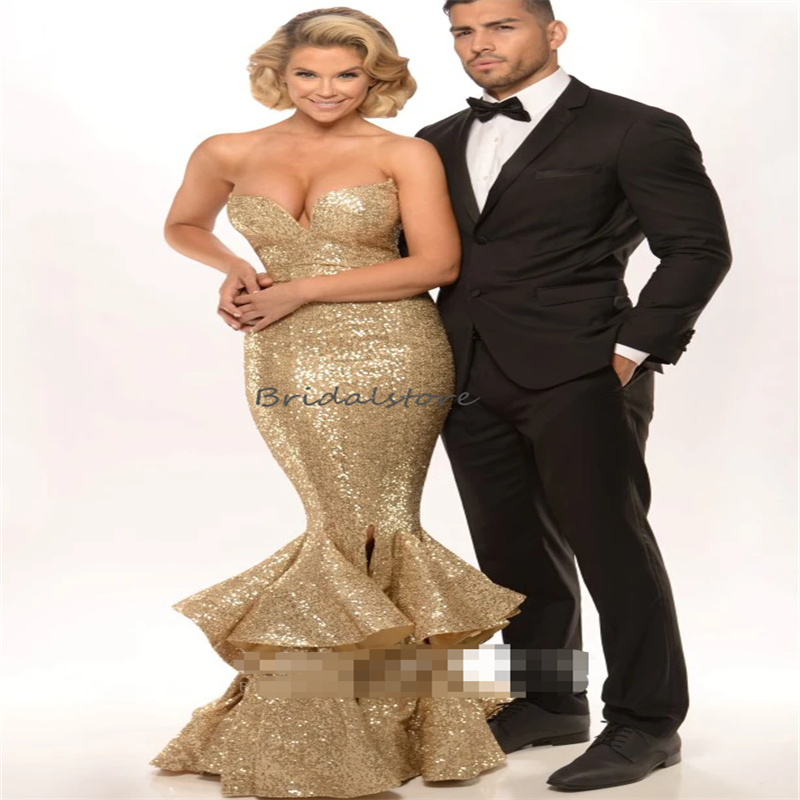 Luxury Gold Sequin Evening Dress With Ruffles Sparkle Mermaid Plus Size Prom Dress Elegant Celebrity Formal Party Occasion Gown Birthty Robes De Bal A