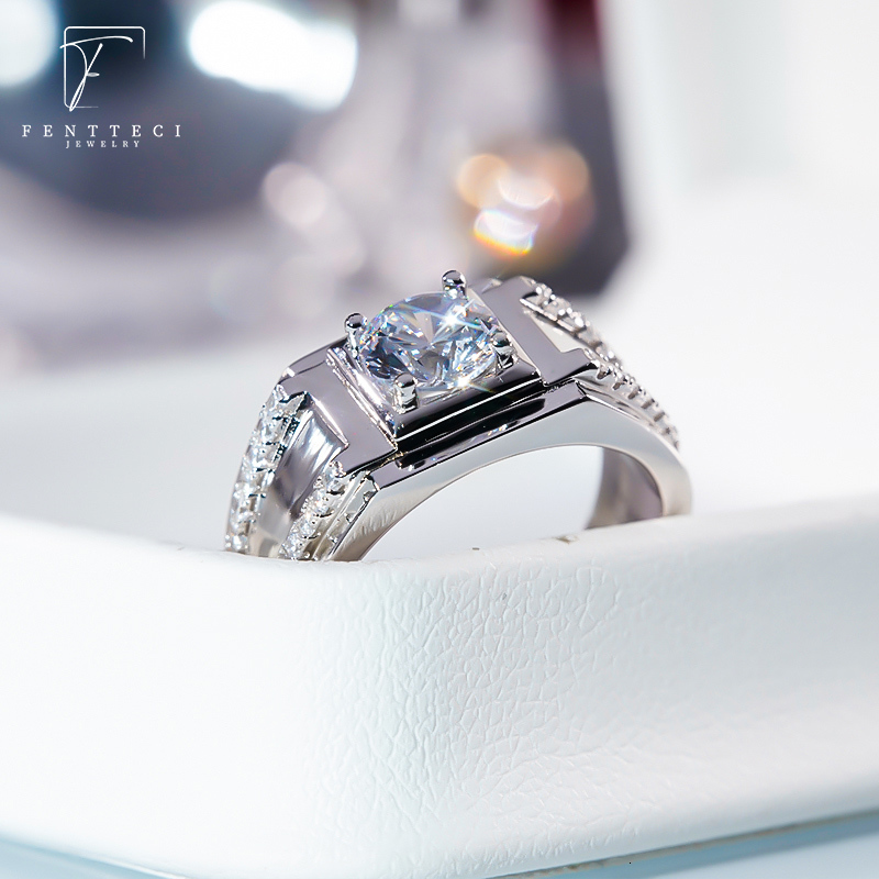 Wedding Rings FENTTECI S925 cincin mewah pria perhiasan cincin pertunangan pernikahan lapis Platinum perak murni warna D untuk pria 230904