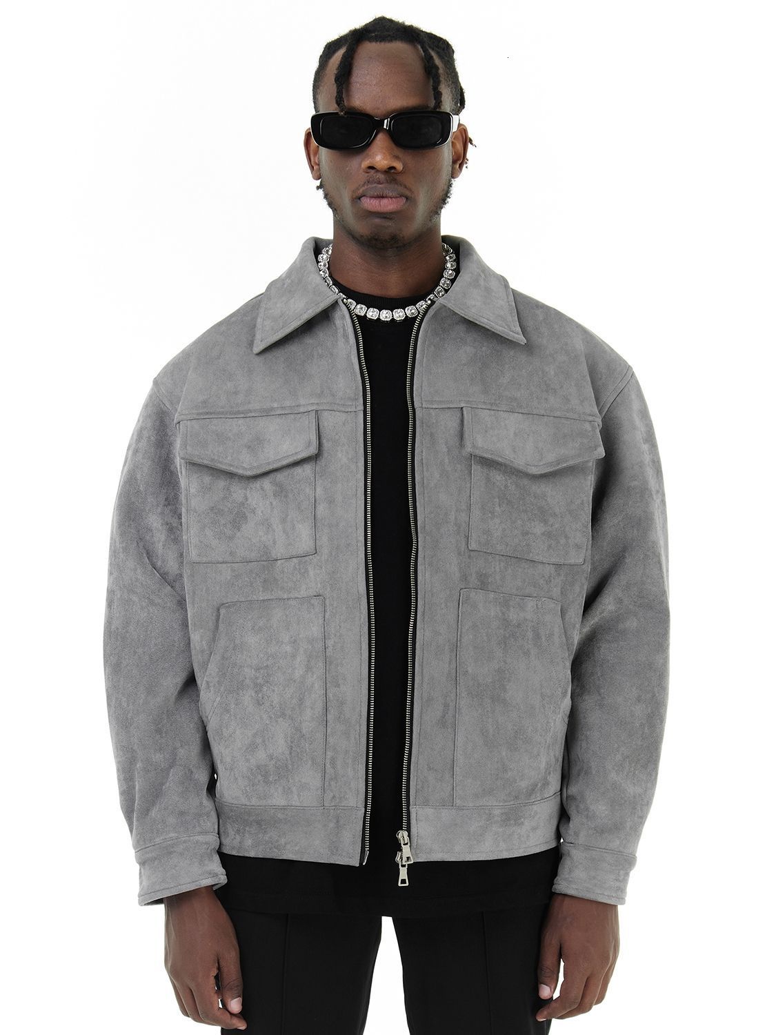 Men's Vintage Suede Zip Up Jacket Casual Short Sleeve Gray Hip Hop Streetwear B3