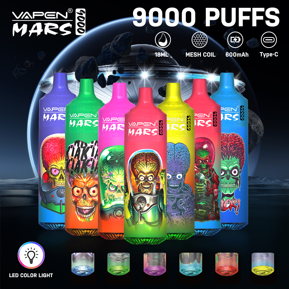 NEW Vapen Tornado Mars 9000 puffs Disposable Ecigarettes 0% 2% 5% Mesh Coil Rechargeable RGB Light Vape With Free Lanyard