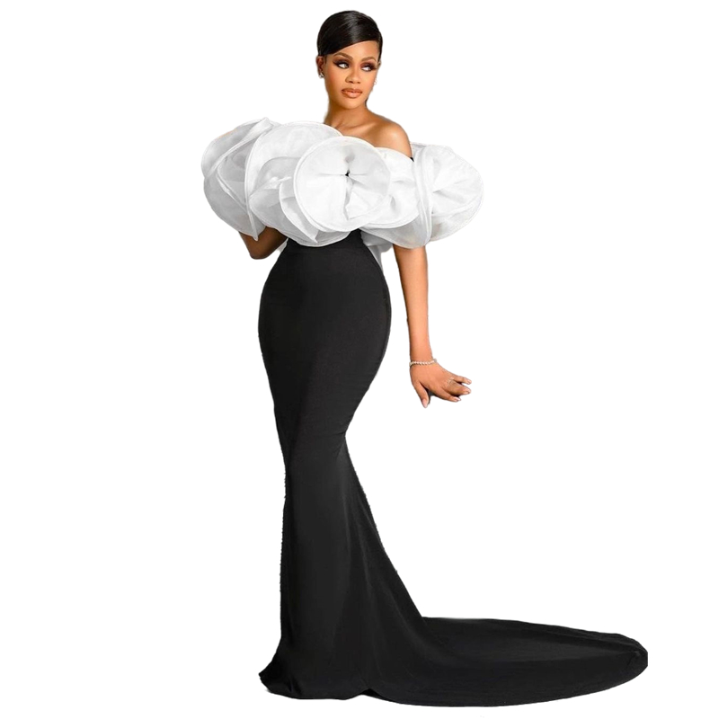 Arabic Dubai Chic Mermaid Evening Dresses Cascading Ruffles Strapless Neck Long Mermaid Celebrity Party Gowns 2024 Black And White Red Carpet Fashion 