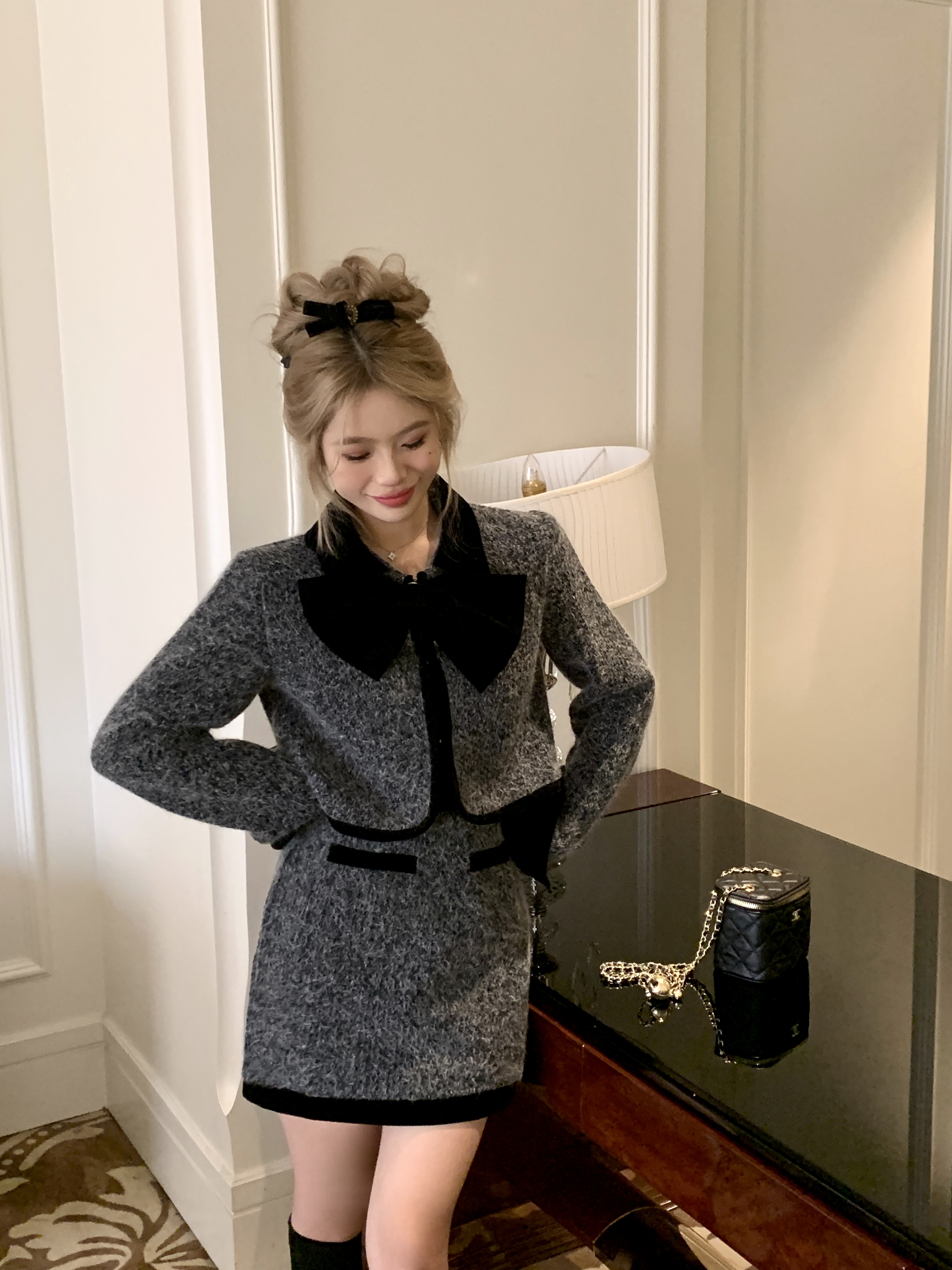 Womens autumn color block turn down collar bow patched woolen jacket and skirt twinet 2 pc dress suit SML