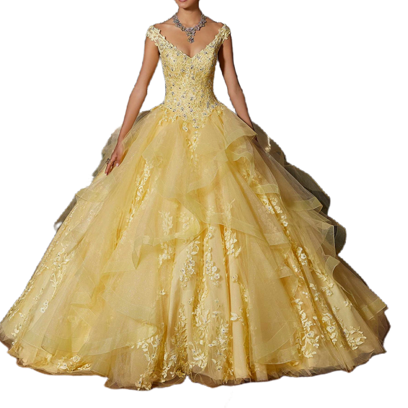 2023 Flounced Tulle Quinceanera Dresses Straps V-Neck Light-Yellow Sweet 16 Dress Lace Appliques Crystals Beaded Floor Length Fabulous Brithday Party 