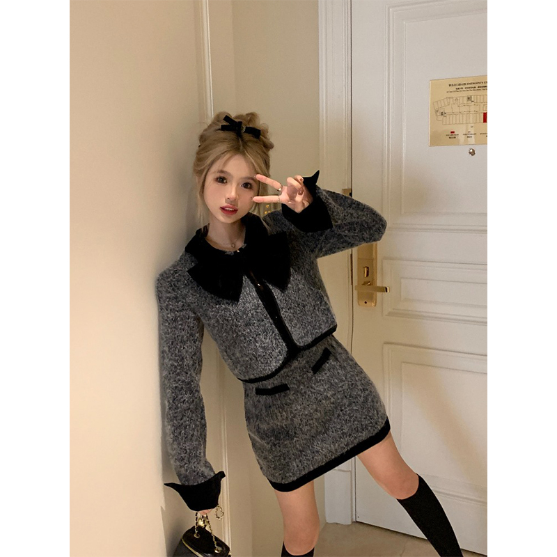 Womens autumn color block turn down collar bow patched woolen jacket and skirt twinet 2 pc dress suit SML