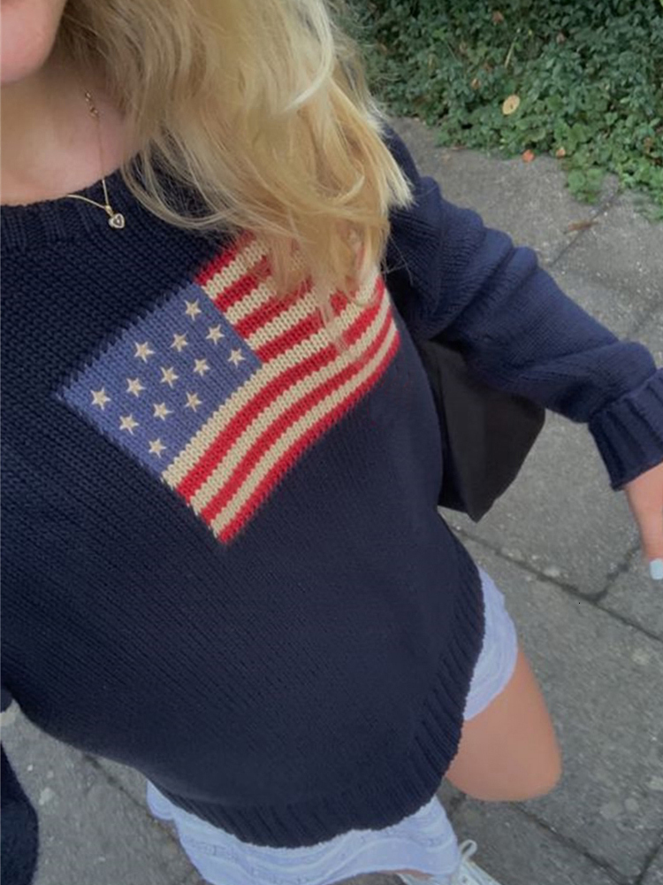 Womens Sweaters Y2K Women Winter Vintage Ladies y American Flag Knit Sweater Aesthetics Long Sleeve Oversize Pullover Tops Clothes 230904