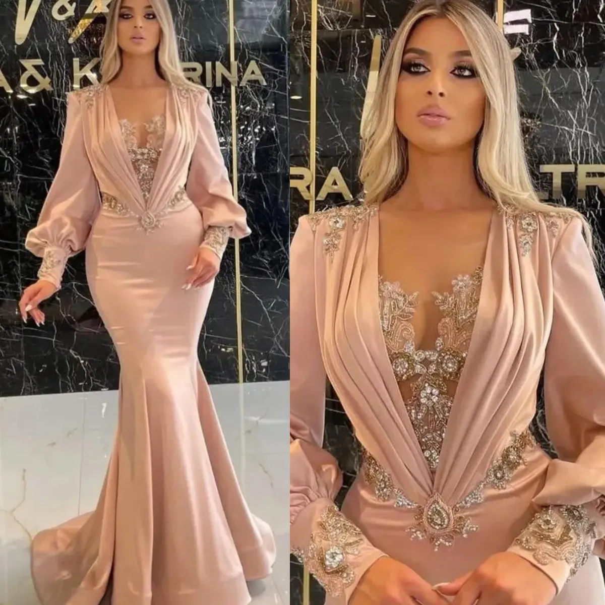 Satin Elegant Pink Mermaid Evening Dresses Deep V Neck Crystal Beading Long Sleeve Prom Gowns Custom Made Plus Size Pageant Party Wear 322