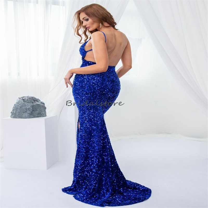 Sparkly Royal Blue Sequin Evening Dress Sexy Backless Plus Size Mermaid Prom Dress With Slit Elegant Birthday Formal Party Gown Women Robes De Bal Aso