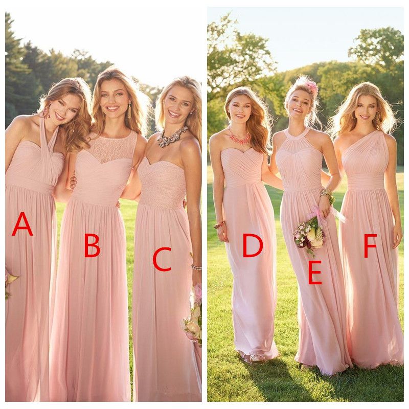 2023 Cheap Pink Pleated Long Lace Chiffon Bridesmaid Dresses Mixed Style Blush Bridesmaid Formal Honor Of Maid Ruffles Custom Wear ZZ