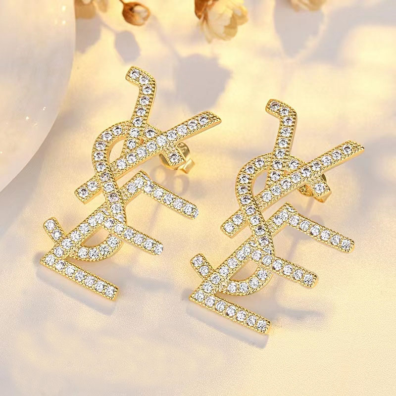 Luxury designer branded Y alloy Steel 18k Gold rose silver rhinestone women letter logo engrave earrings girls wedding jewelry wholesale