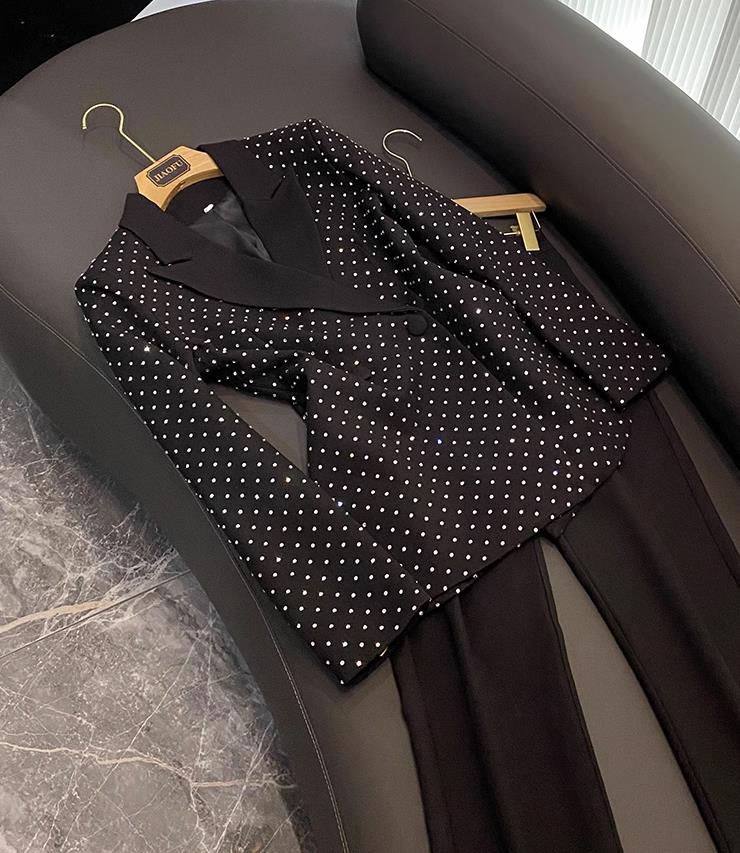 2023 Fall Black Hot Drilling Two Piece Pants Sets Long Sleeve Notched-Lapel Single-Breasted Blazers Top & Flare Trousers Pants Suits Set 2 Piece Suits
