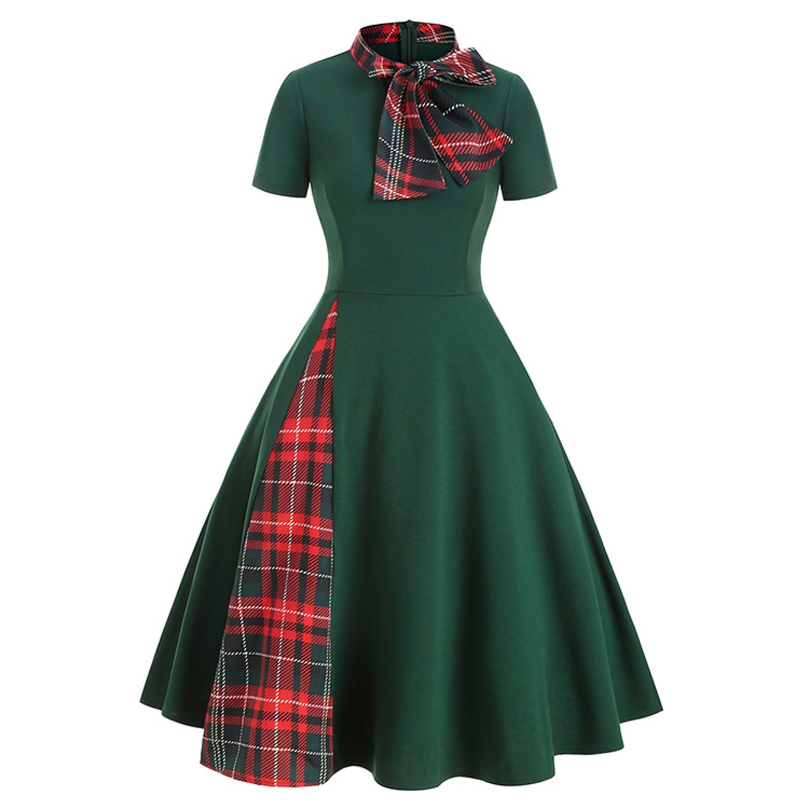 Theme Costume Fashion Women Plaid Patchwork Bow Collar Zipper Short Sleeve Vintage Christmas Costume Retro Office Party Midi Dress Vestidos#g3 230904