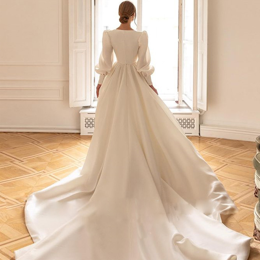 Modest A Line Satin Wedding Dresses Square Neck Puffy Sleeve Bridal Gown Front Lace Up Church Wedding Gowns