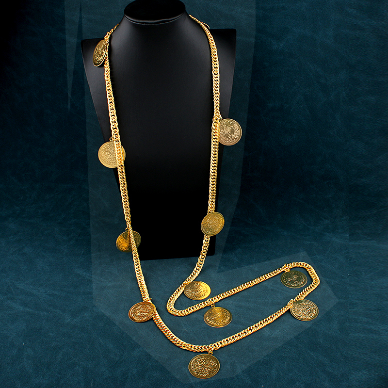 Navel Bell Button Rings Long Chain Turkish Coin Necklace for Women Kurdish Wedding Jewelry Chians Gold Plated Ethnic Bridal Jewelry Body Jewelry 23090