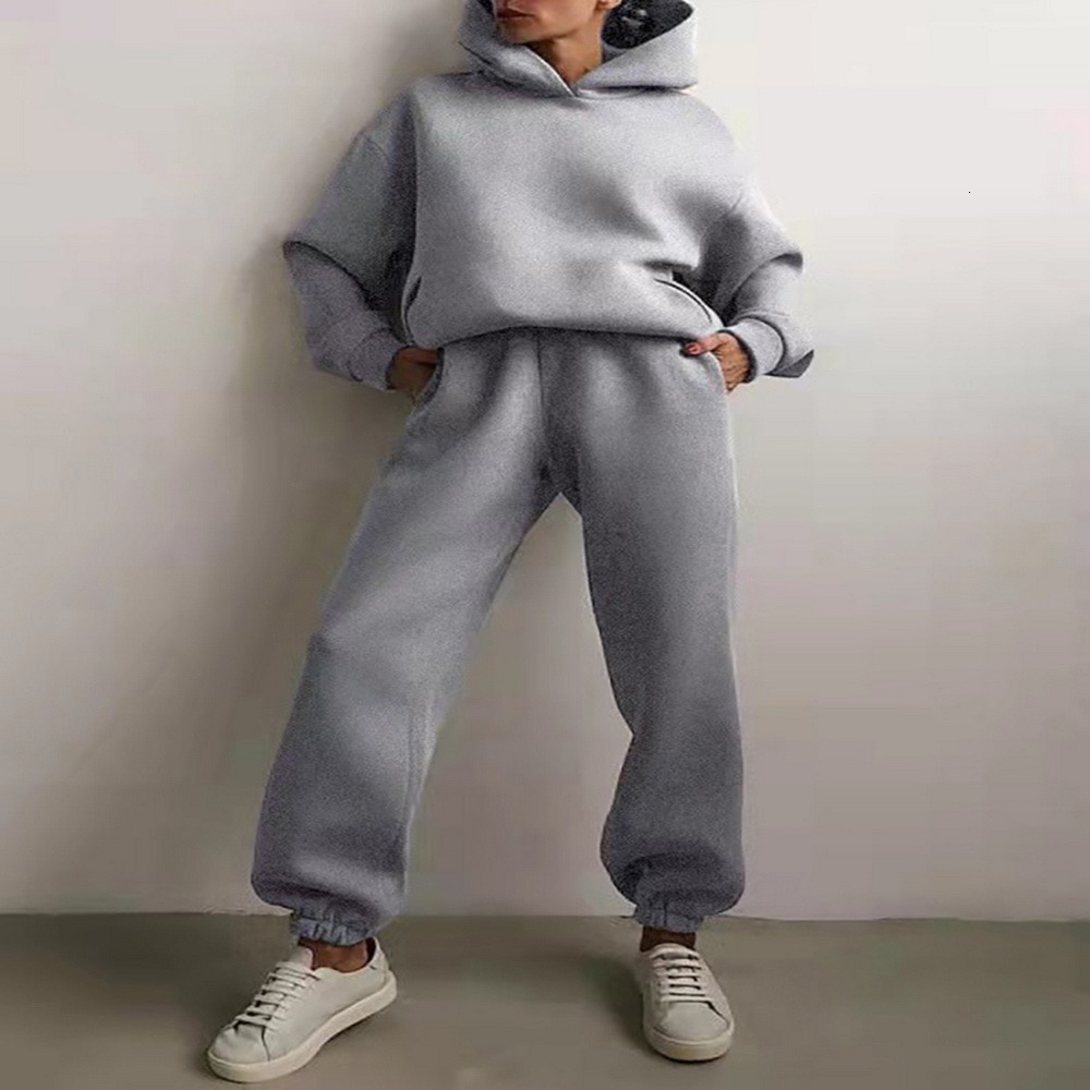 Women's Tracksuits Solid Fleece Hooded Tracksuit 2 Piece Set Women High Waist Sports Pants Suit Autumn Winter Ladies Fashion Hoodies Set 230904