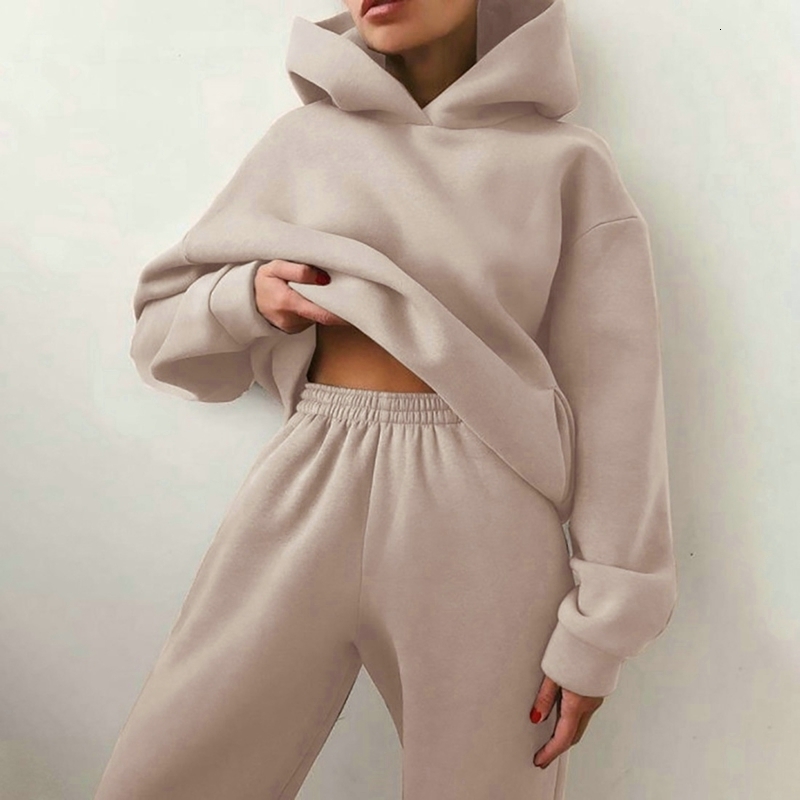 Women's Tracksuits Solid Fleece Hooded Tracksuit 2 Piece Set Women High Waist Sports Pants Suit Autumn Winter Ladies Fashion Hoodies Set 230904
