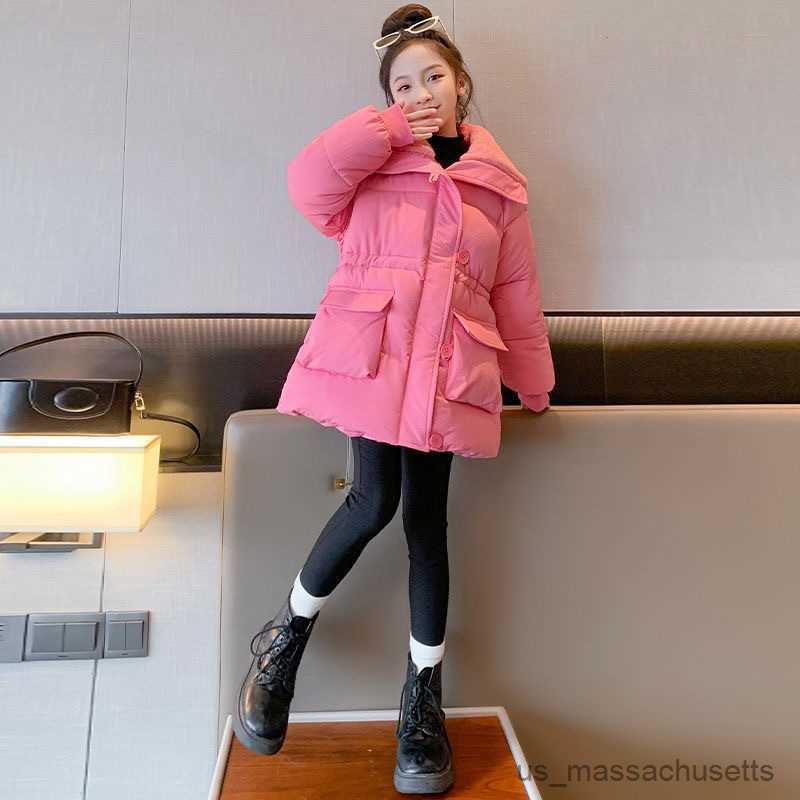 Down Coat 4-12 Years Winter Girls Jacket Solid Color Keep Warm Fashion Coat Hooded Zipper Slim Kids Down Cotton Clothes R230905