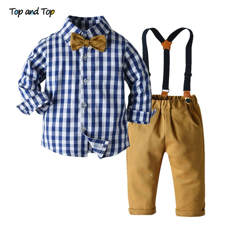 Clothing Sets Top and Top Boys Clothing Sets Springs Autumn Kids Boys Long Sleeve Plaid Bowtie TopsSuspender Pants Casual Clothes Outfit 230904