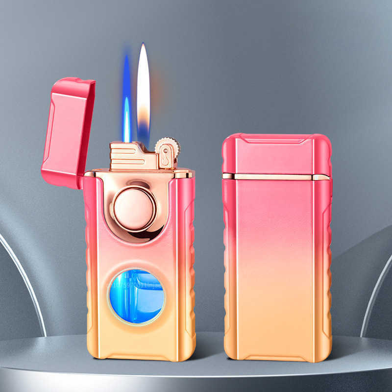 New Double Flame Straight TorchTurbo Bright Fire Butane Inflatable Lighter LED Light No Gas Window Cigar Men's Tools Gift VYWS W260202