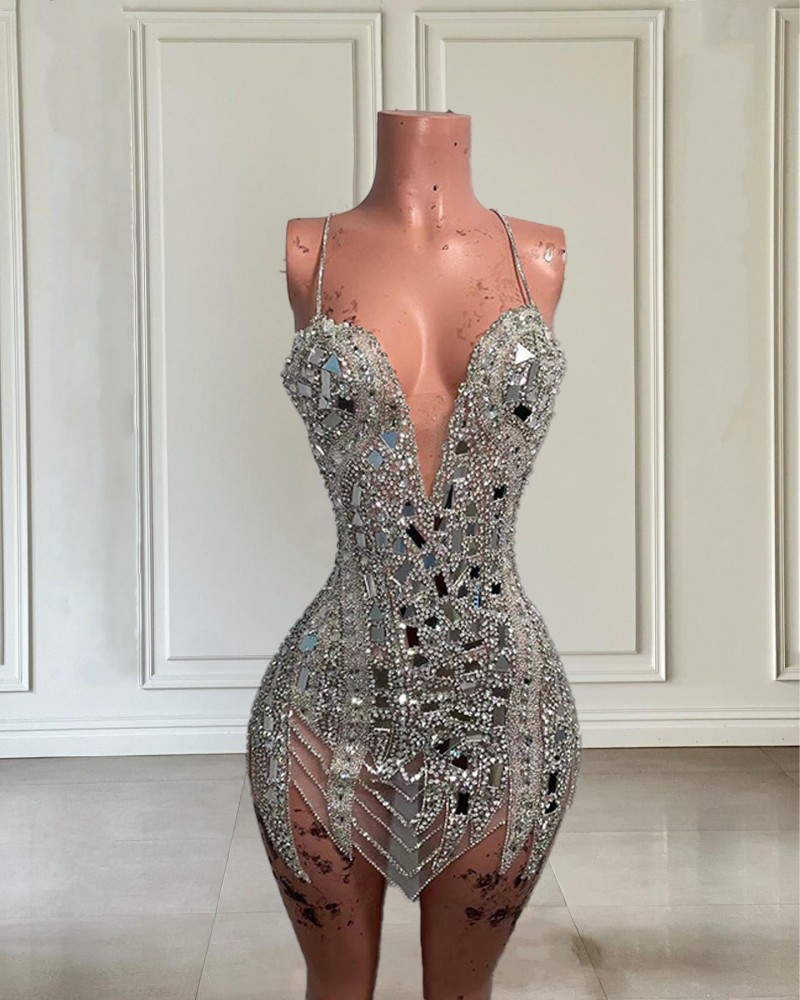 Shinny Fitted Short Silver Prom Dress For Black Girl Gold Crystal Beads Mini Cocktail Birthday Party Gowns 2024 Robe De Soiree
