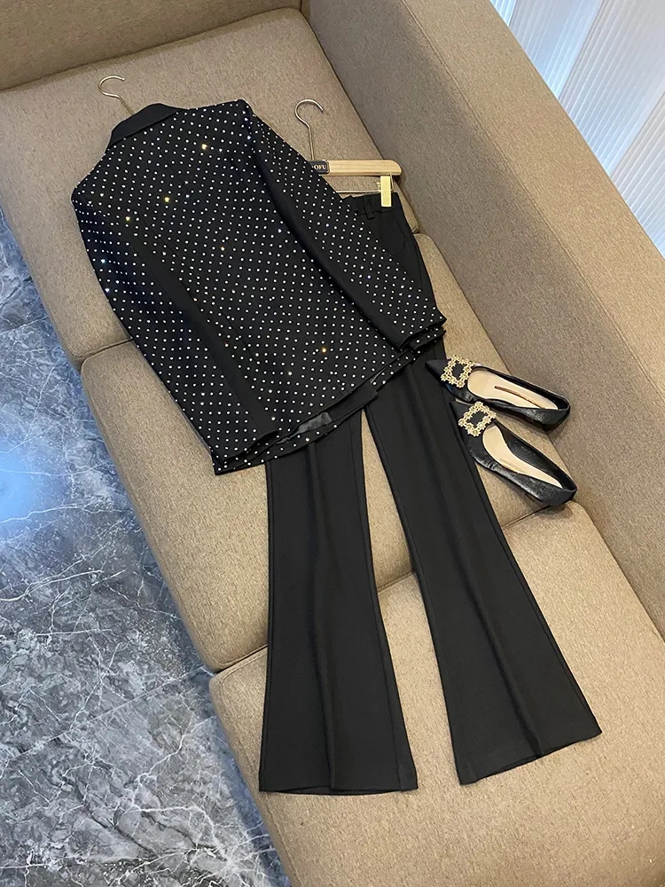 2023 Fall Black Hot Drilling Two Piece Pants Sets Long Sleeve Notched-Lapel Single-Breasted Blazers Top & Flare Trousers Pants Suits Set 2 Piece Suits