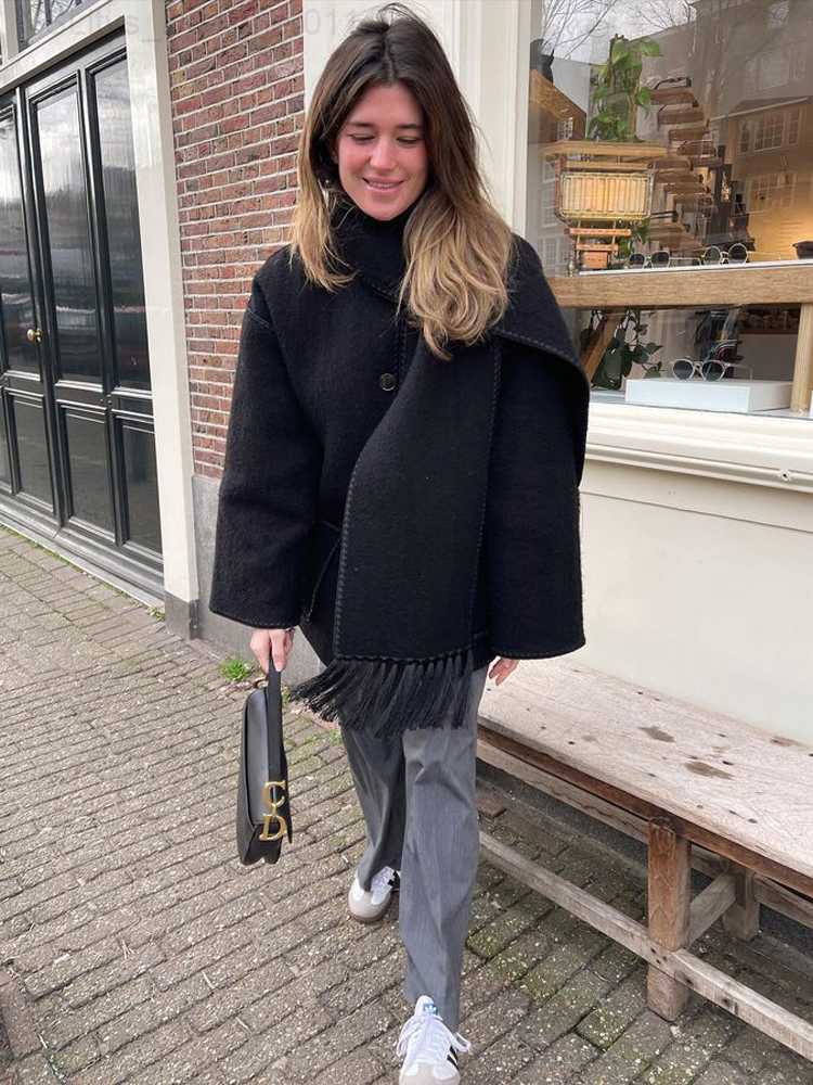 Women's Wool Blends Elegant Loose Women's Coat With Scarf Fashion Long Sleeve Pocket Single Breasted Female Coats 2023 Autumn Winter Lady Ja