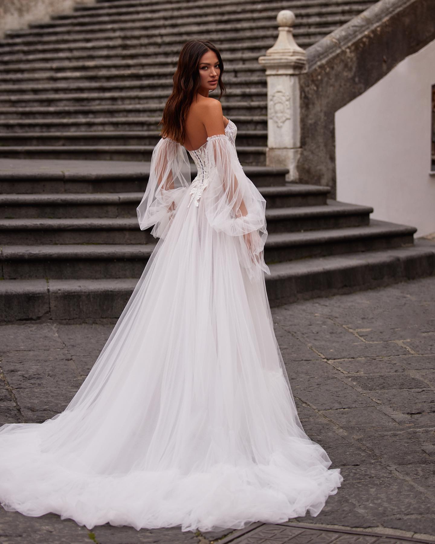 Elegant Boho Wedding Dress With Long Sleeve Lace Appliqued Tulle Beach Bridal Gowns Sweep Train Vestidos de Novia