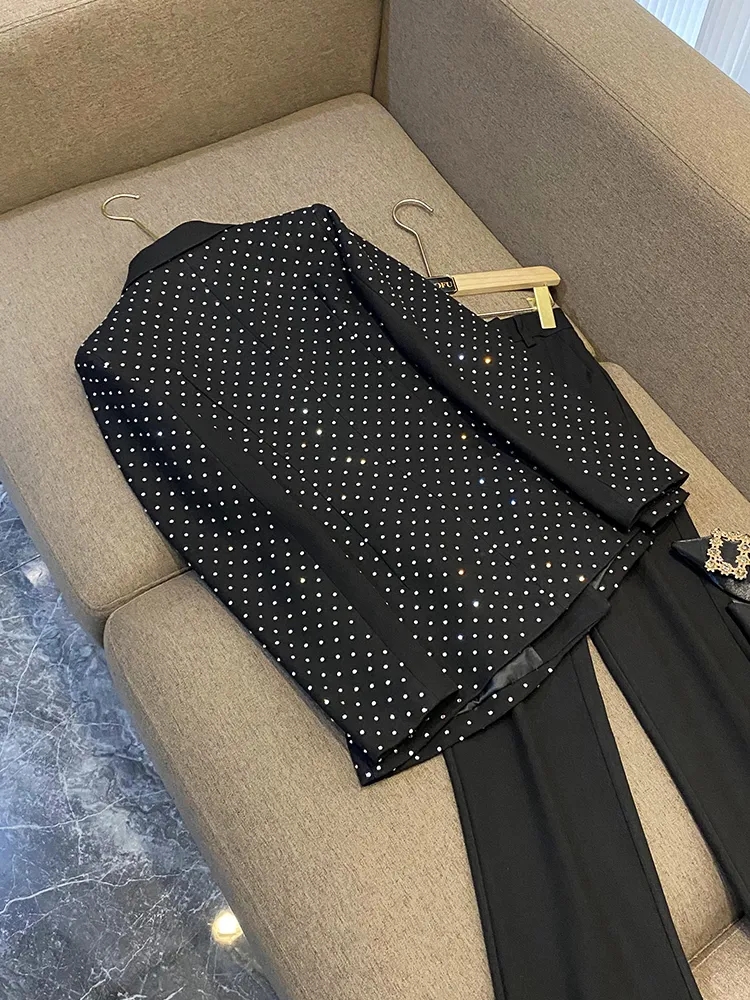 2023 Fall Black Hot Drilling Two Piece Pants Sets Long Sleeve Notched-Lapel Single-Breasted Blazers Top & Flare Trousers Pants Suits Set 2 Piece Suits