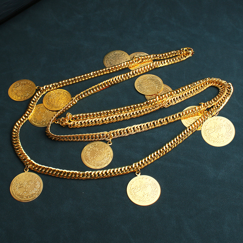 Navel Bell Button Rings Long Chain Turkish Coin Necklace for Women Kurdish Wedding Jewelry Chians Gold Plated Ethnic Bridal Jewelry Body Jewelry 23090