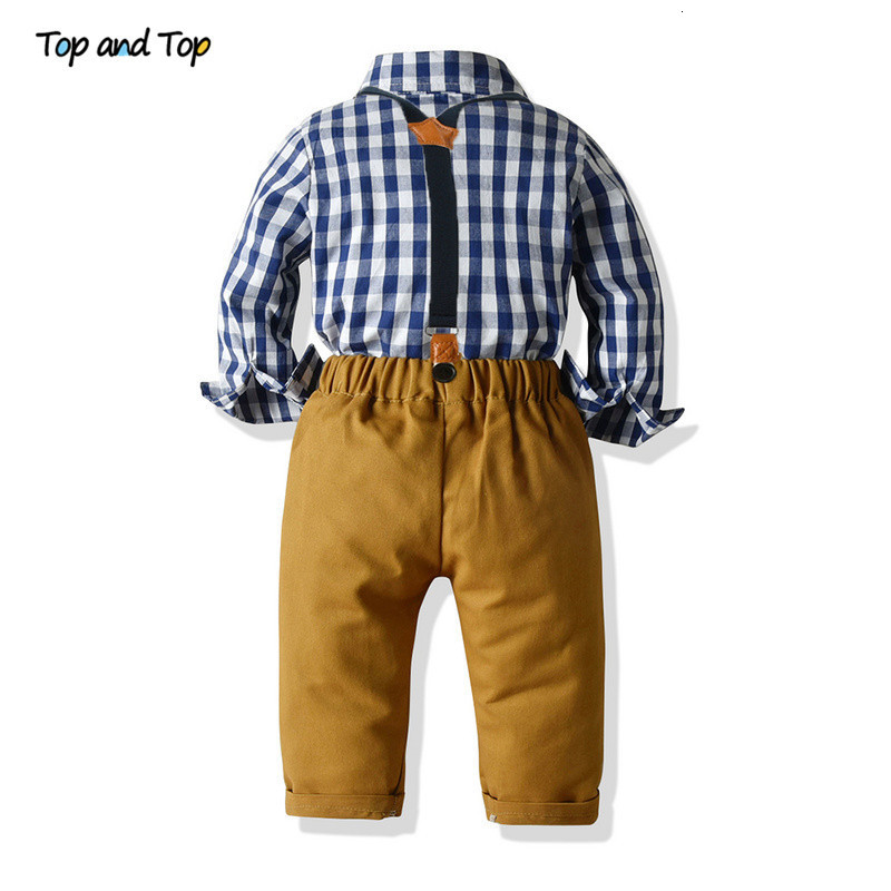 Clothing Sets Top and Top Boys Clothing Sets Springs Autumn Kids Boys Long Sleeve Plaid Bowtie TopsSuspender Pants Casual Clothes Outfit 230904