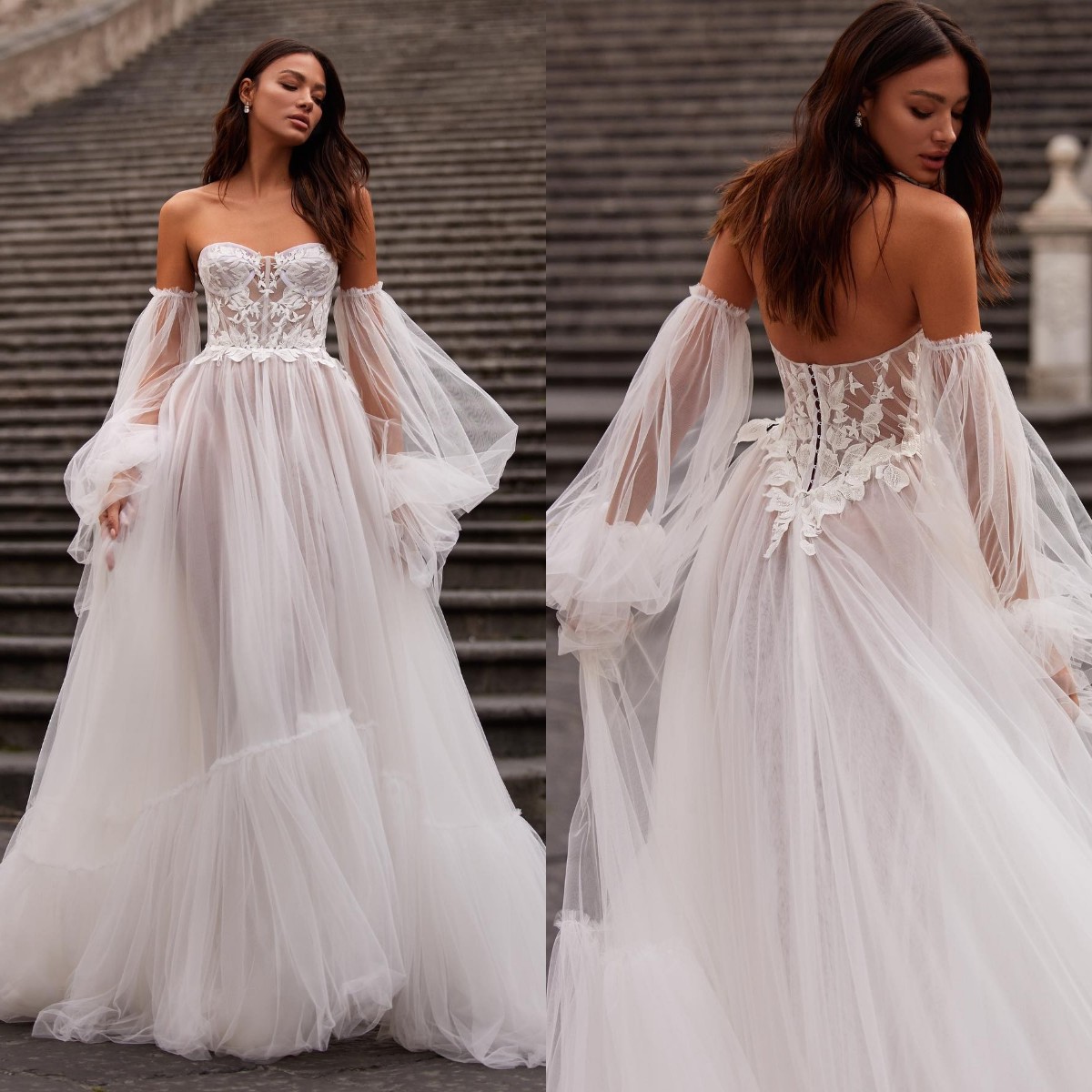 Elegant Boho Wedding Dress With Long Sleeve Lace Appliqued Tulle Beach Bridal Gowns Sweep Train Vestidos de Novia