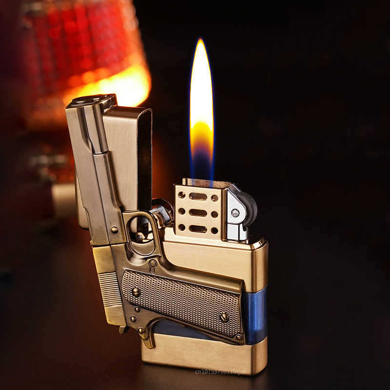Metal No Gas Pistol Shape Lighter Transparent Oil Tank Retro Grinding Wheel Cigar Windproof For Men Cigarette Accessories 9ALG W260202