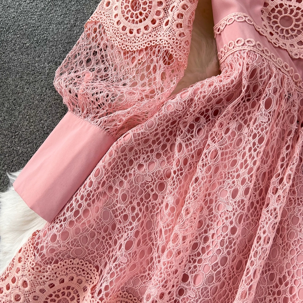 Vintage Palace Style Dress Temperament Lantern Sleeves Standing Neck Slim Mid length A-line Water Soluble Lace Dress