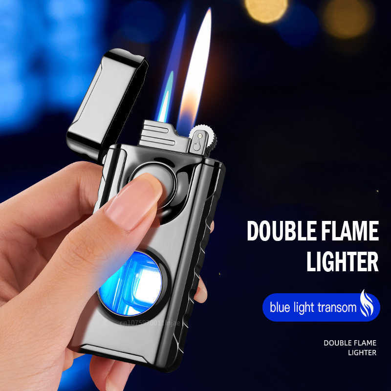 New Double Flame Straight TorchTurbo Bright Fire Butane Inflatable Lighter LED Light No Gas Window Cigar Men's Tools Gift VYWS W260202