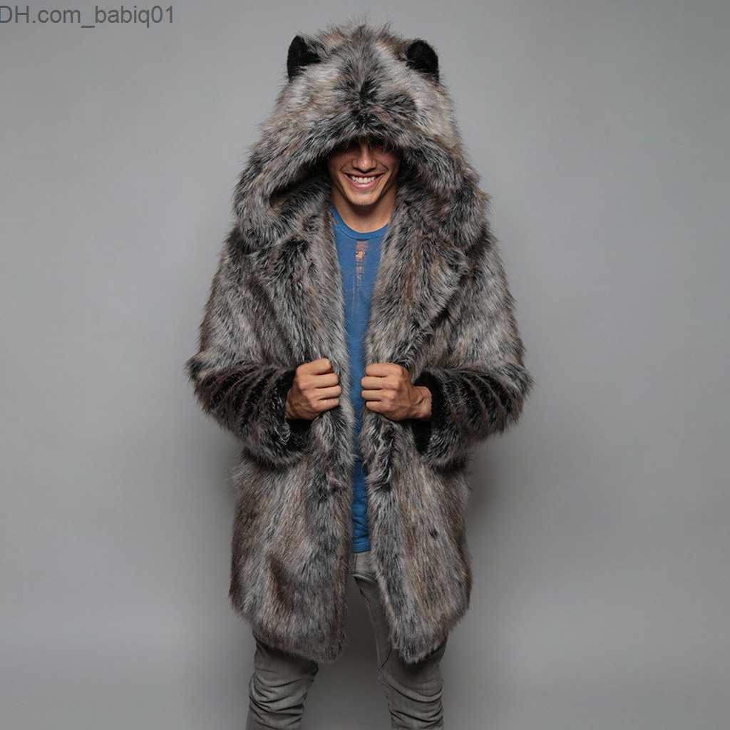 Men's Wool Blends Winter Couple Men Faux Fur Coat 2021 Casual Women Hooded Fur Jacket Coat Bear Ear Warm Long Sleeve Jacket Overcoat T230905
