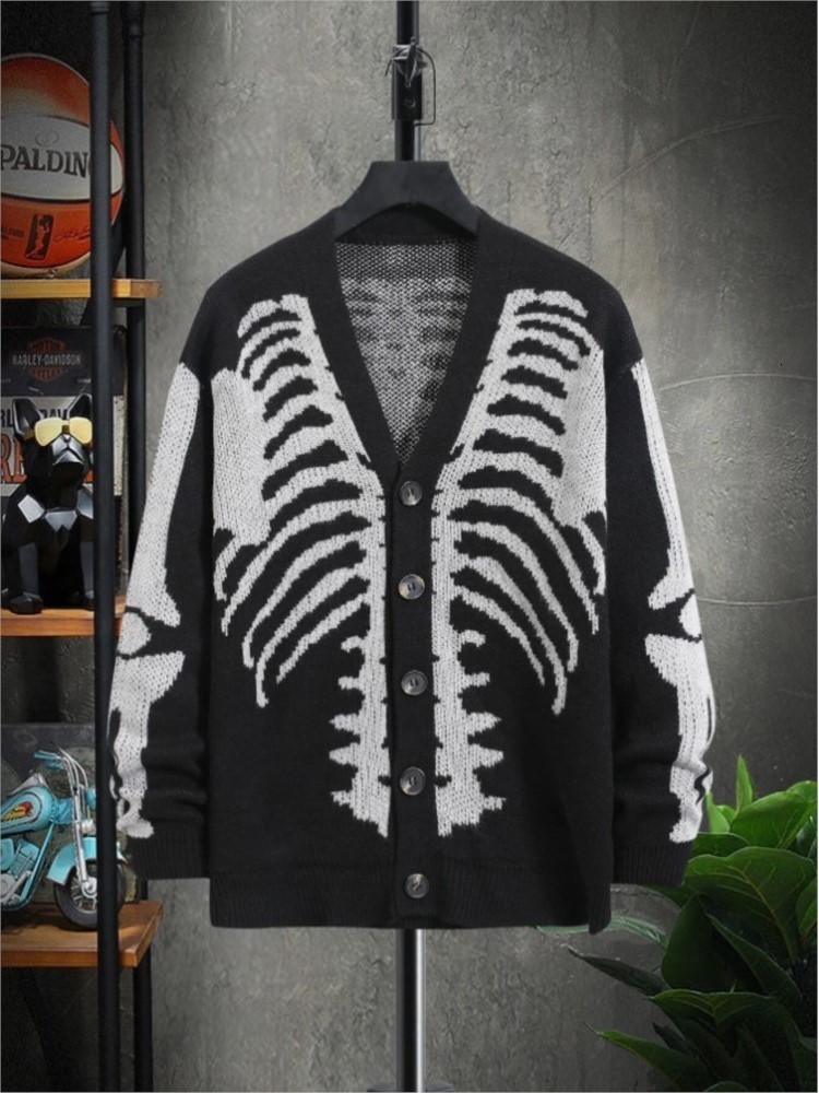 Mens Sweaters Harajuku retro mens skull printed long sleeve cardigan sweater Vneck button down coat 230904