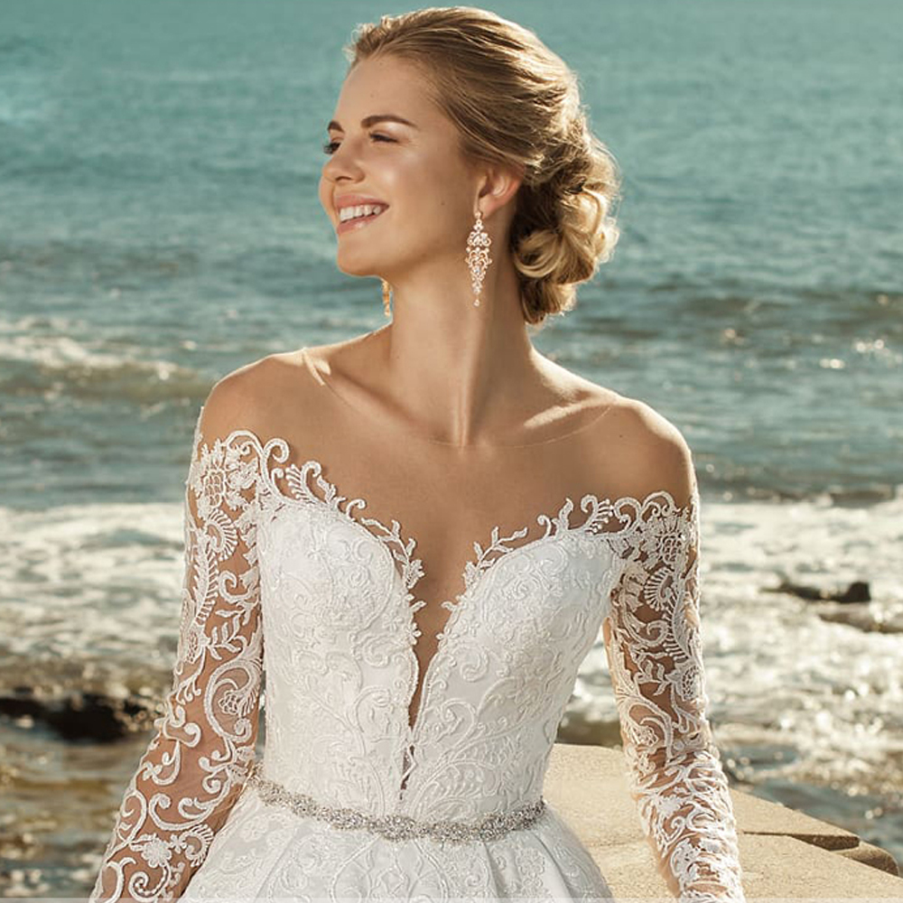 Women's A Line Satin Wedding Dresses Sheer Neck Long Sleeve Bridal Gown With Belt Lace Appliques Outdoor Robe De Novia