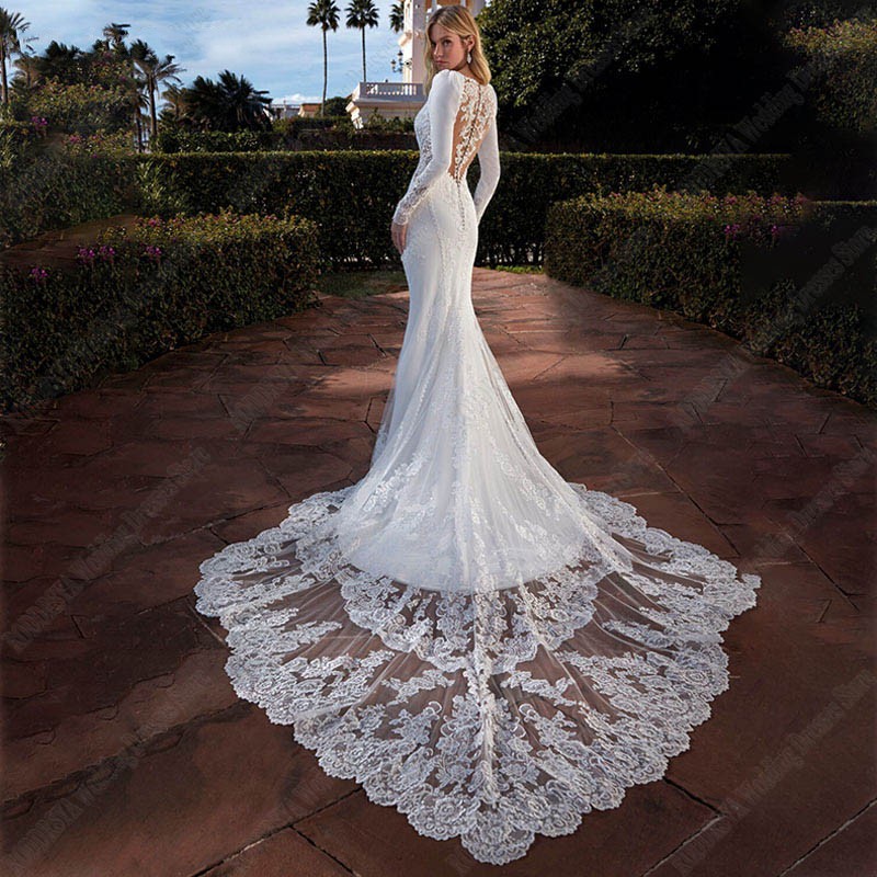 Sexy Appliques Mermaid Wedding Dresses 2024 Soft Satin V-neck Lace Long Sleeves Vestido De Novia Para Boda Civil Bridal Gowns For Women Custom Made