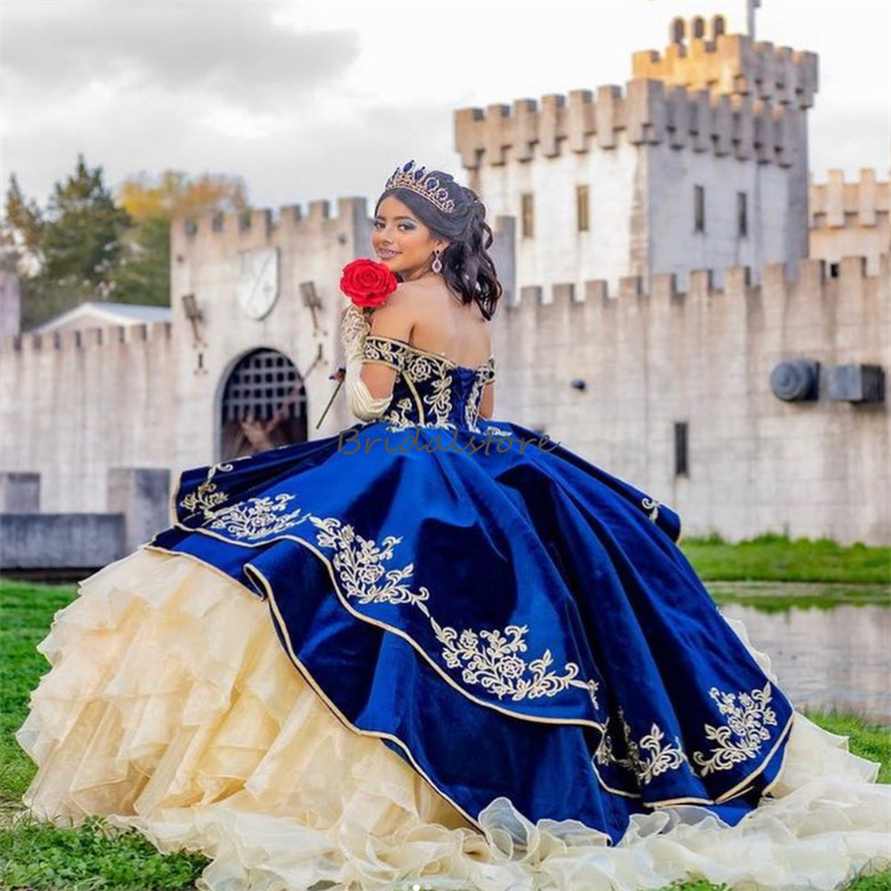 Classy Navy Golden Quinceanera Dresses 2024 Organza Ruffles Ball Gown Prom Dress Xv Para Vestidos De 15 Birthday Party Dress Corset Vestidos Debutante