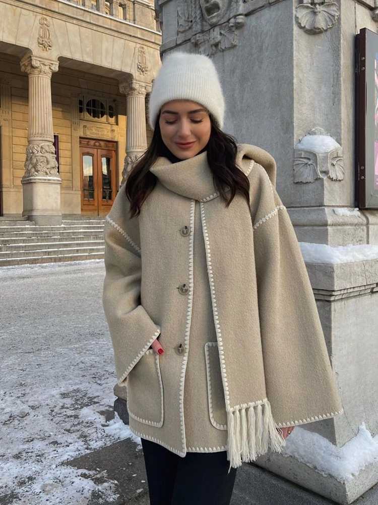 Women's Wool Blends Elegant Loose Women's Coat With Scarf Fashion Long Sleeve Pocket Single Breasted Female Coats 2023 Autumn Winter Lady Ja
