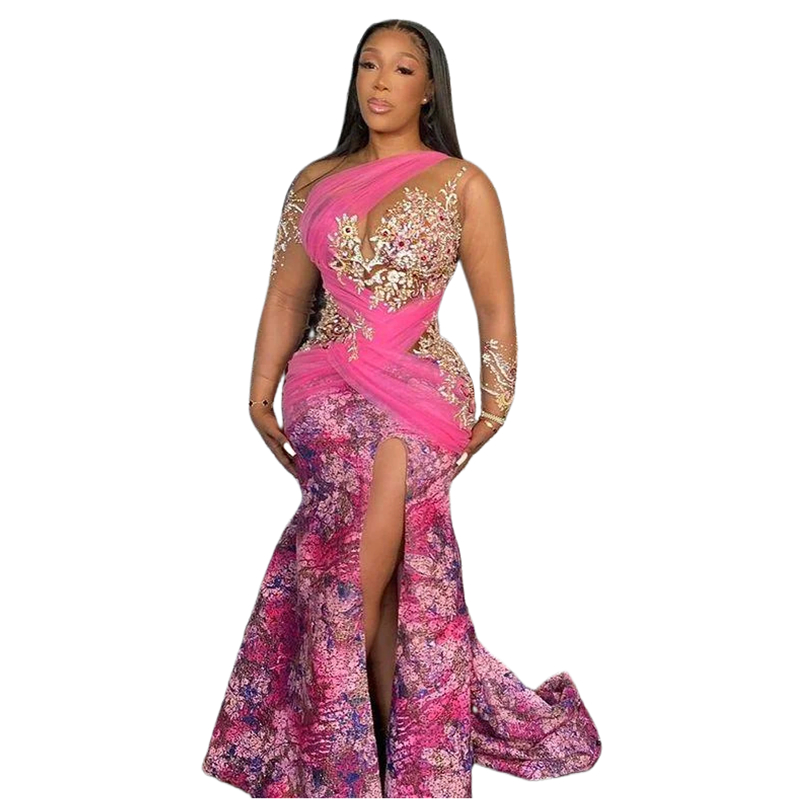 Aso Ebi Luxury Mermaid Formal Evening Dresses Glitter Sequins Floral Print Long Split Side African Prom Dress Illusion Bodice Special Occasion Gowns P