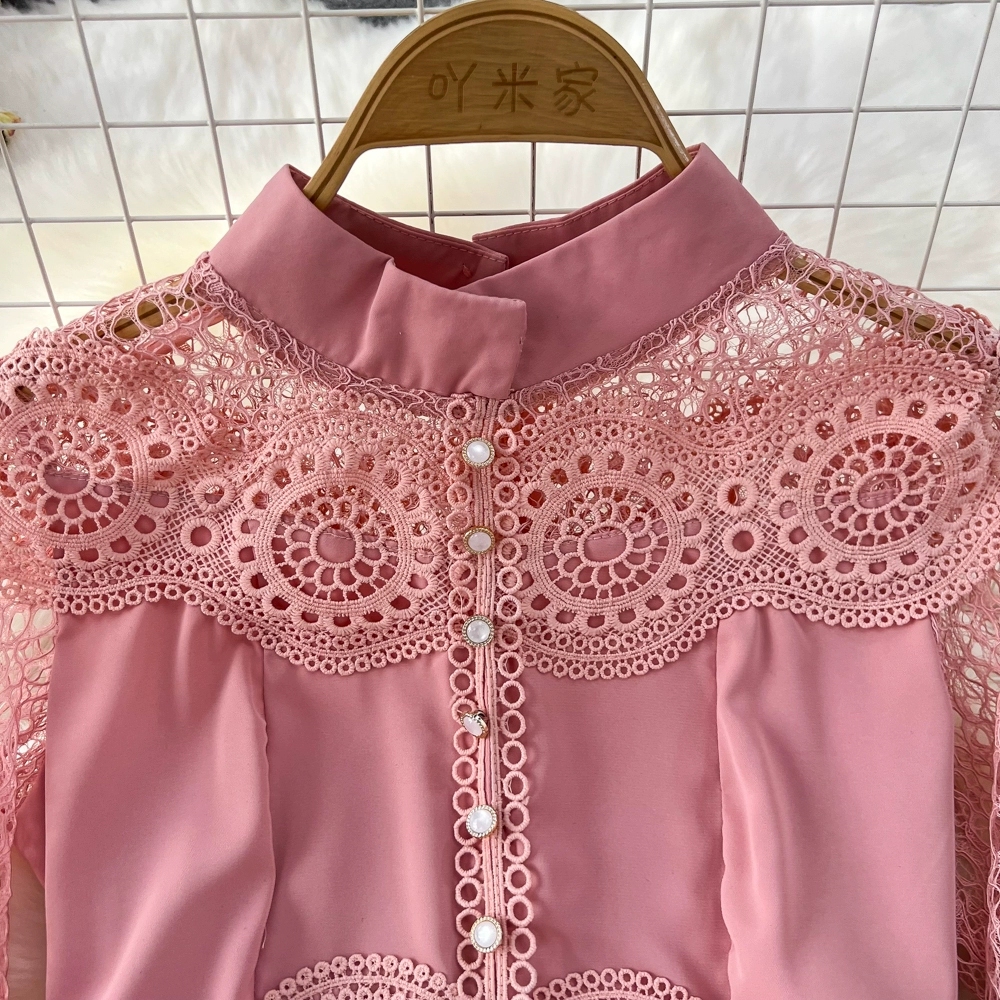 Vintage Palace Style Dress Temperament Lantern Sleeves Standing Neck Slim Mid length A-line Water Soluble Lace Dress