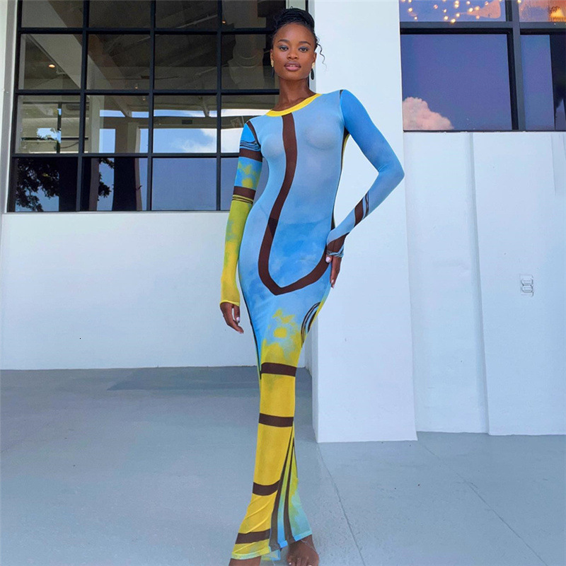 Basic Casual Dresses Fashion musim gugur pakaian wanita 2023 gaun pesta klub Hip ramping tembus pandang motif garis jaring seksi baru Vestidos 230904