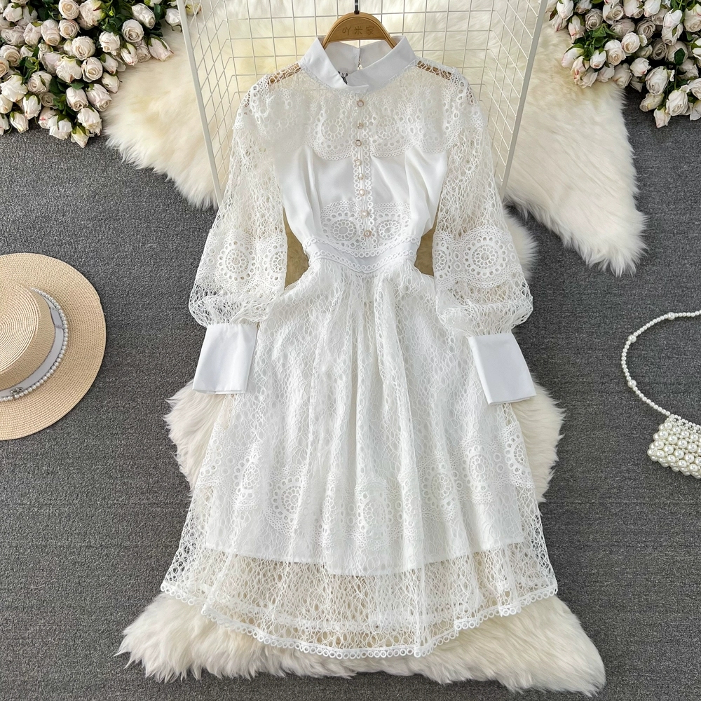 Vintage Palace Style Dress Temperament Lantern Sleeves Standing Neck Slim Mid length A-line Water Soluble Lace Dress