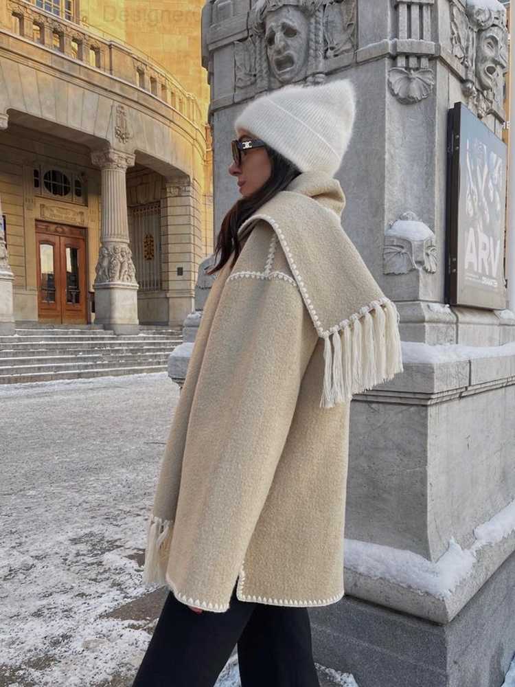 Women's Wool Blends Elegant Loose Women's Coat With Scarf Fashion Long Sleeve Pocket Single Breasted Female Coats 2023 Autumn Winter Lady Ja