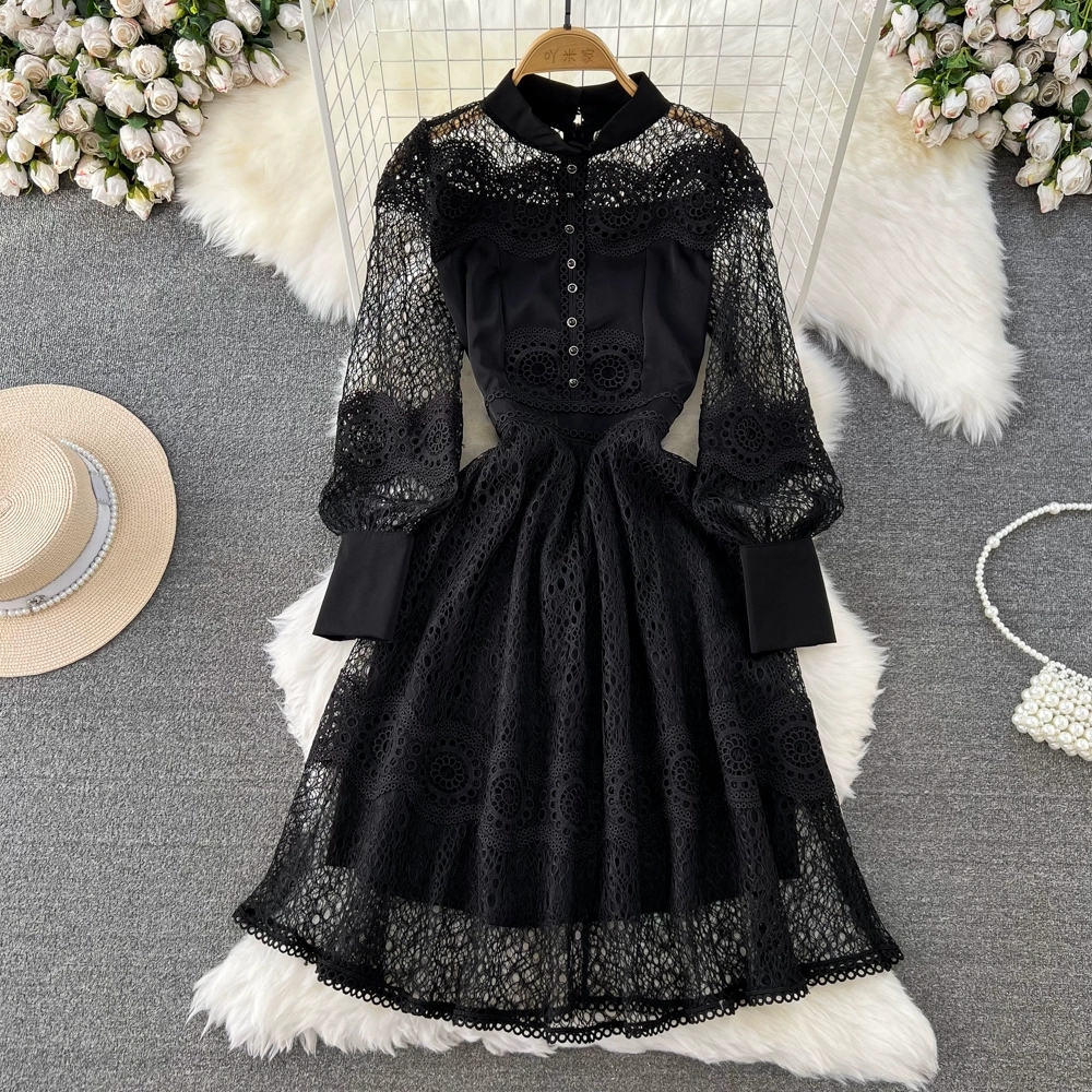 Vintage Palace Style Dress Temperament Lantern Sleeves Standing Neck Slim Mid length A-line Water Soluble Lace Dress