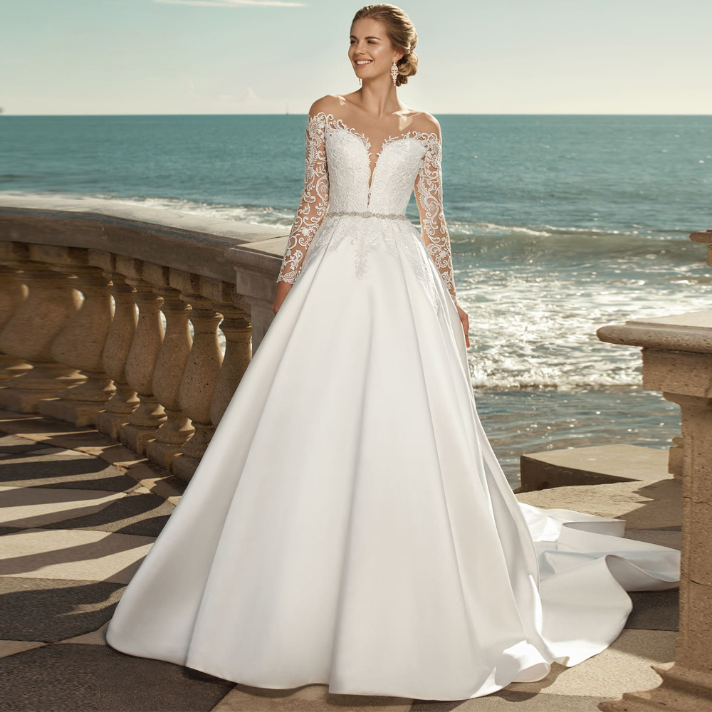 Women's A Line Satin Wedding Dresses Sheer Neck Long Sleeve Bridal Gown With Belt Lace Appliques Outdoor Robe De Novia