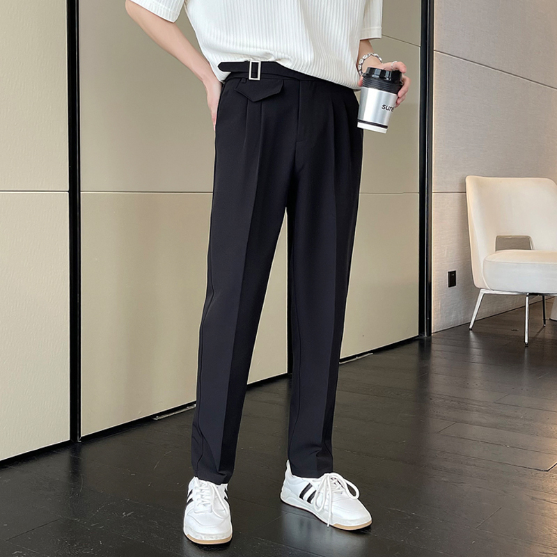 Mens Pants Apricot Black Suit Men Slim Fit Fashion Social Dress Korean Casual Straight Office Formal Trousers 230904